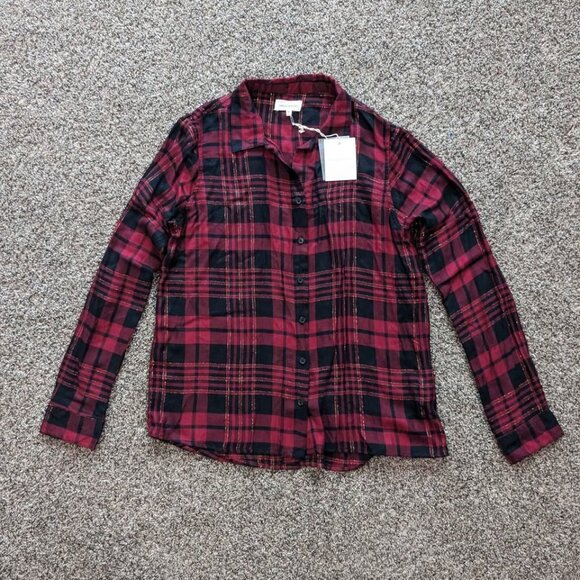 NWT Thread And Supply Button Down Plaid Shirt Size Medium Red Black and Gold - Picture 1 of 8